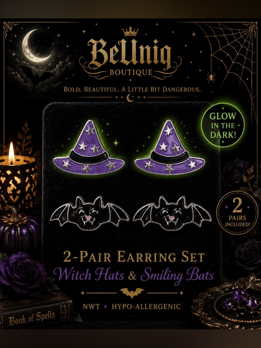 🦇 NWT 2-Pair Halloween Earrings Set | Glow-in-the-Dark Witch Hats & Bats - Picture 8 of 8